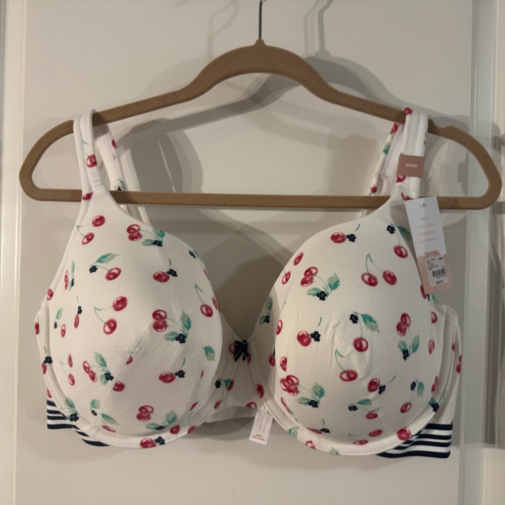 Cacique White and Red Cherry Print Bra with Molded Cups